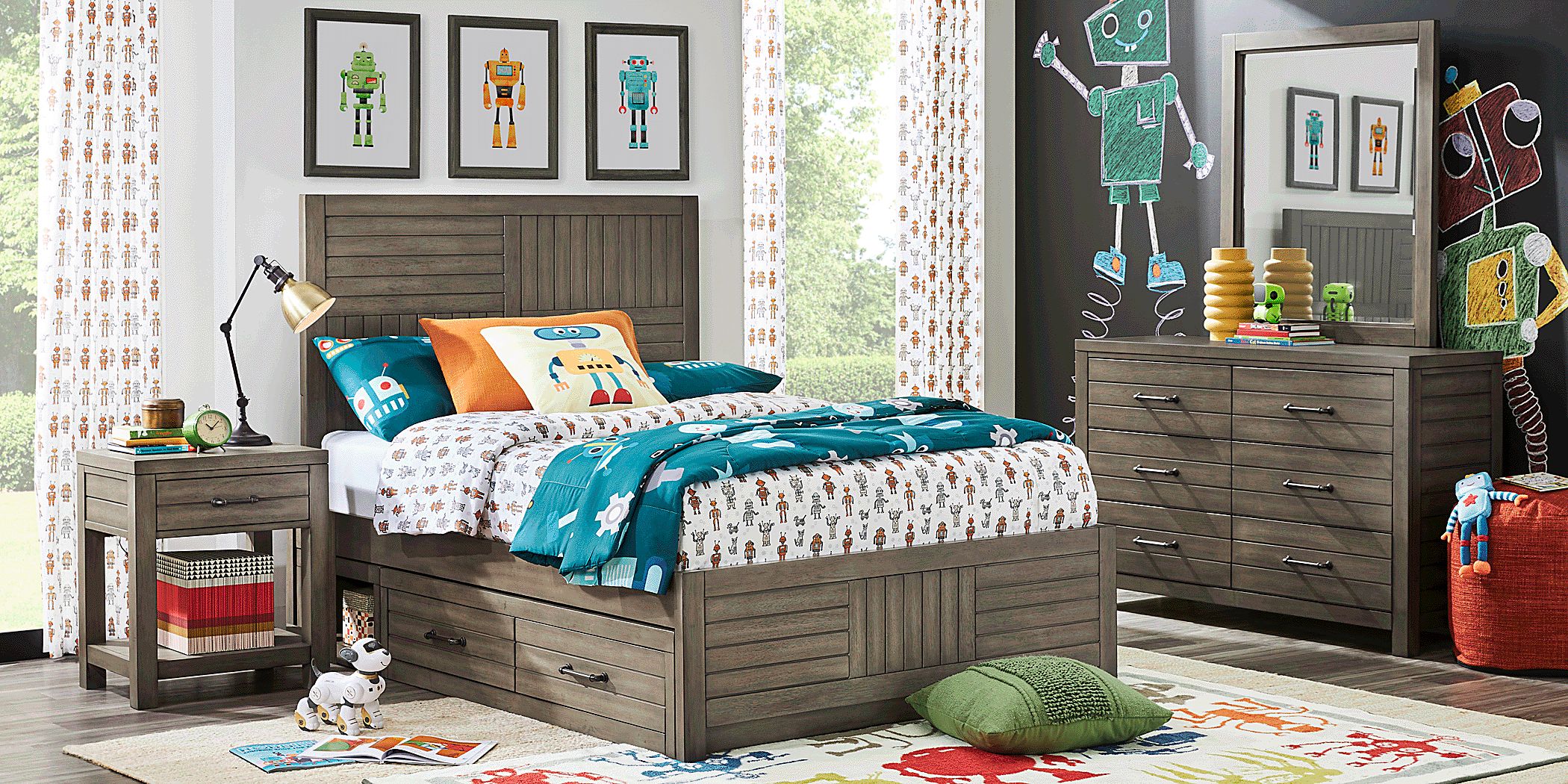 Rooms To Go Kids Morgan Mills Mineral Full Panel Bed with Reversible Underbed Storage